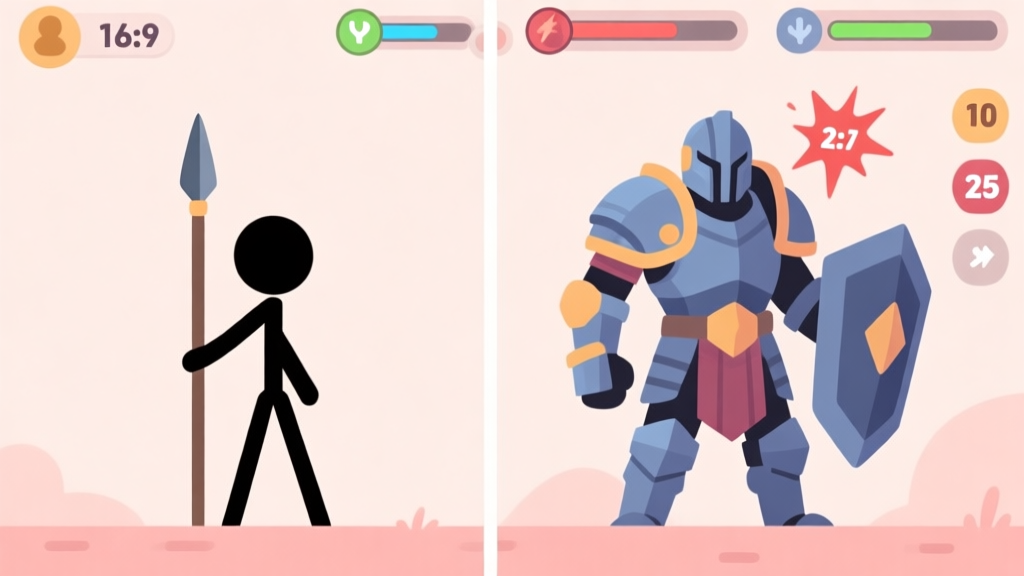 A minimalist side-by-side comparison of a simple spear stickman character and a complex armored hero in an idle game interface, showing hidden stat bars and damage numbers, soft pastel color palette, flat design high quality illustration, detailed, 16:9