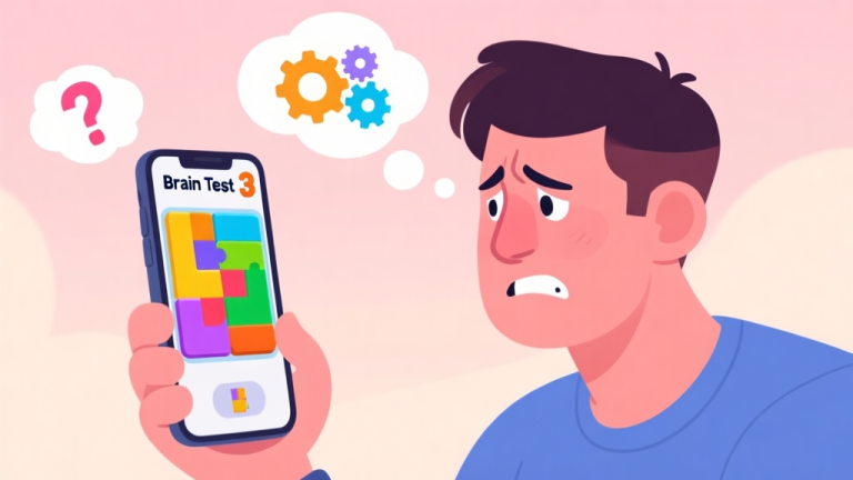 自动生成图片: A person staring frustrated at a smartphone screen showing a colorful, illogical puzzle from Brain Test 3, with thought bubbles containing question marks and gears, in a soft pastel color palette high quality illustration, detailed, 16:9