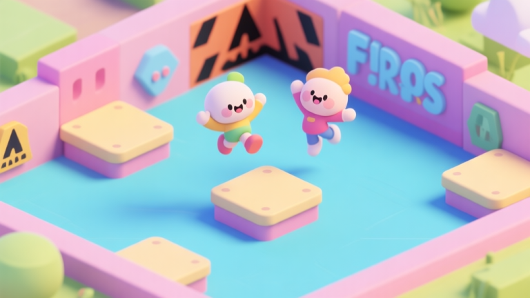 自动生成图片: A cheerful, isometric view of a colorful Flip Bros game arena with simple platforms, a hazard in the background, and two stylized, cute character models mid-jump, soft pastel color palette high quality illustration, detailed, 16:9