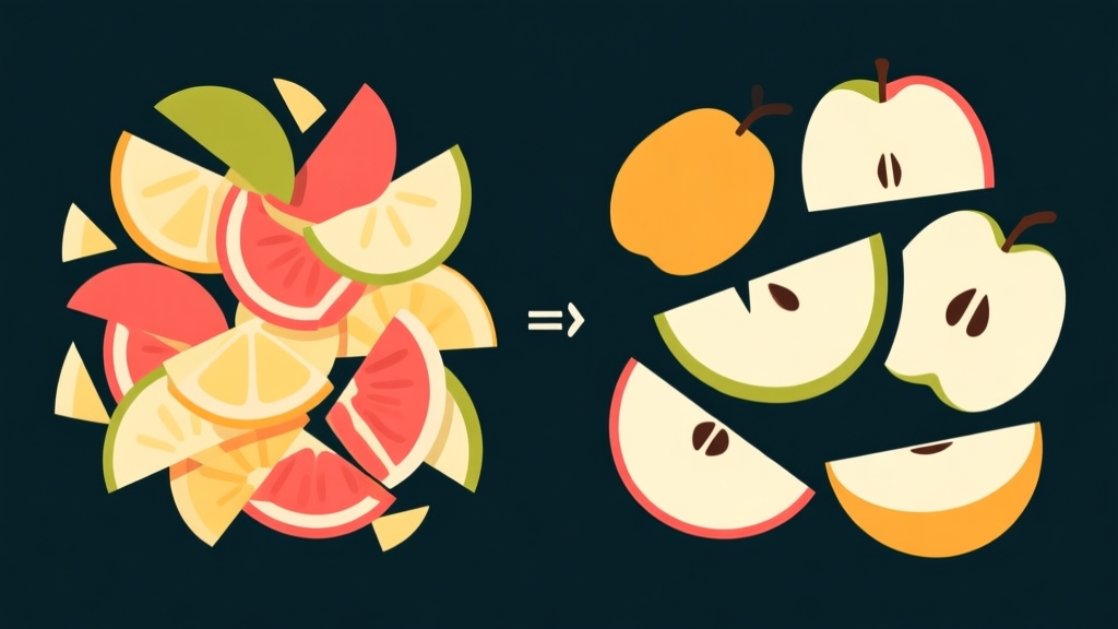 Side-by-side comparison of messy, overlapping fruit slices versus clean, precise single-swipe cuts through multiple fruits, minimalist vector style on a dark background high quality illustration, detailed, 16:9