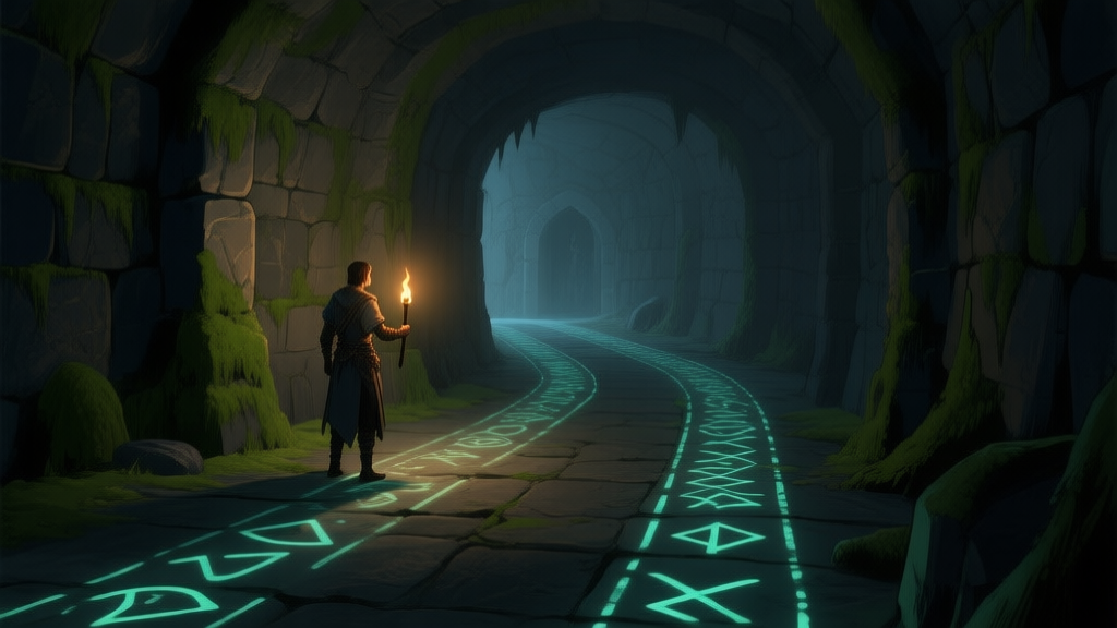 A dimly lit, atmospheric underground crypt with moss-covered stone walls, faint glowing runes on the floor, and a single character holding a torch, looking at two diverging paths. Video game concept art style, muted colors, high contrast between shadows and light. high quality illustration, detailed, 16:9