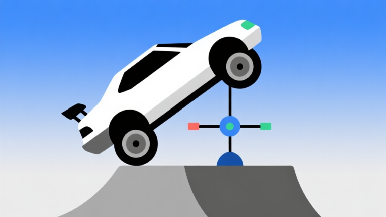 自动生成图片: A simple side-view illustration of a stylized stunt car performing a perfect wheelie on a ramp, with balance indicators showing center of mass, soft gradient background in blue and grey, flat design style high quality illustration, detailed, 16:9