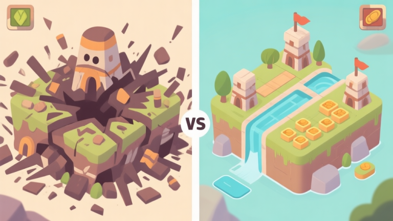 自动生成图片: Side-by-side comparison of a chaotic primitive age base being overrun versus an efficiently organized one with steady resource flow, cartoon strategy game style, soft colors high quality illustration, detailed, 16:9