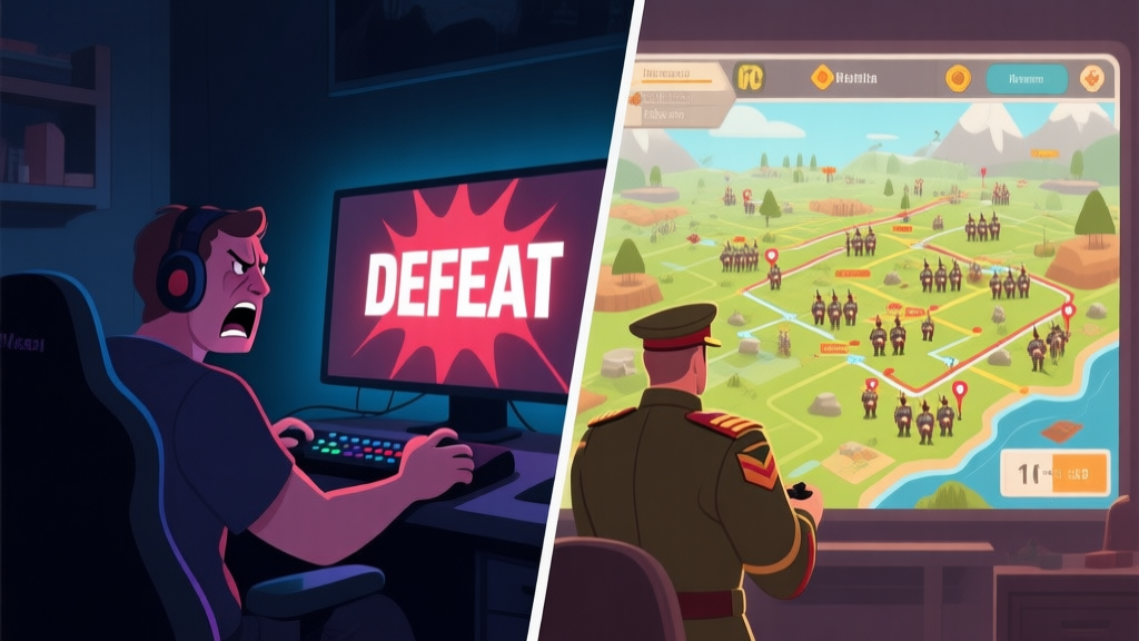 Split-screen illustration showing contrast between a frustrated gamer in dark room with "DEFEAT" screen and a strategic commander viewing a vibrant, organized battlefield map with troop movements, soft lighting, muted colors high quality illustration, detailed, 16:9