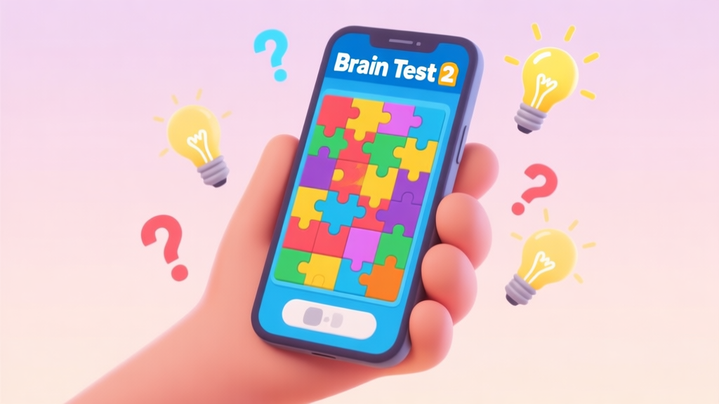 A hand holding a smartphone showing a colorful, confusing puzzle from Brain Test 2, with question marks and light bulbs floating around, soft pastel background high quality illustration, detailed, 16:9