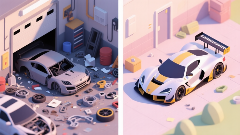 自动生成图片: Split-screen game illustration showing a messy garage with scattered car parts on one side, and a sleek, merged champion race car on the other, soft pastel colors, isometric view high quality illustration, detailed, 16:9
