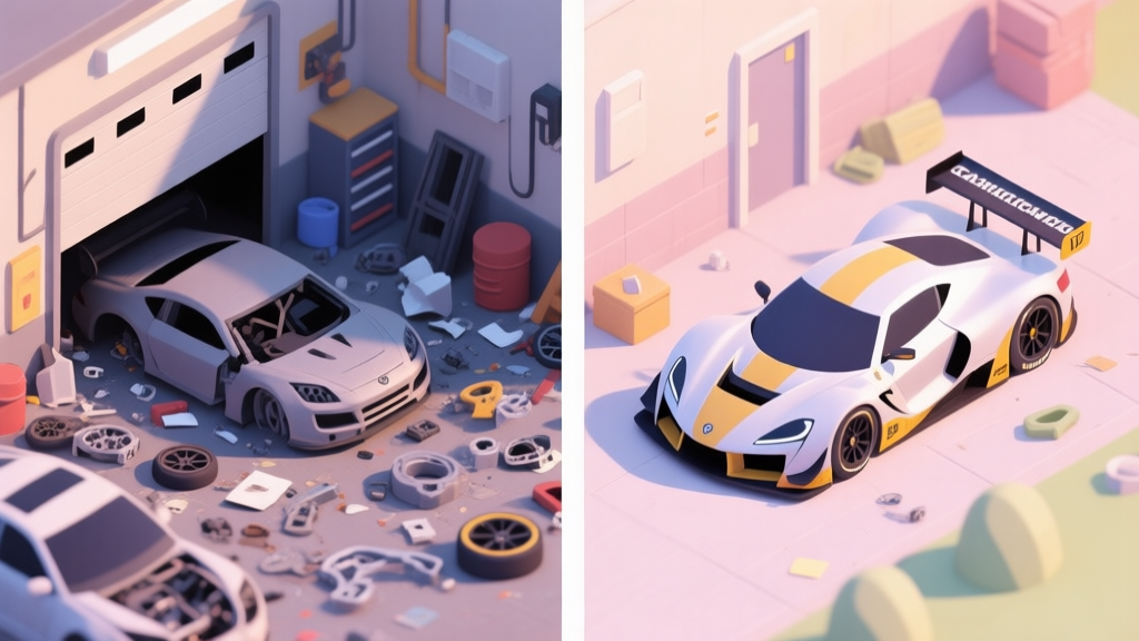 Split-screen game illustration showing a messy garage with scattered car parts on one side, and a sleek, merged champion race car on the other, soft pastel colors, isometric view high quality illustration, detailed, 16:9