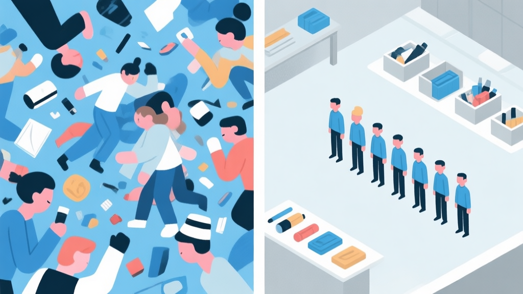 A split-screen illustration showing a chaotic game scene on one side (characters overlapping, items scattered) and a clean, organized scene on the other (characters in formation, items neatly collected), using a soft color palette of blues and greys, flat design style high quality illustration, detailed, 16:9