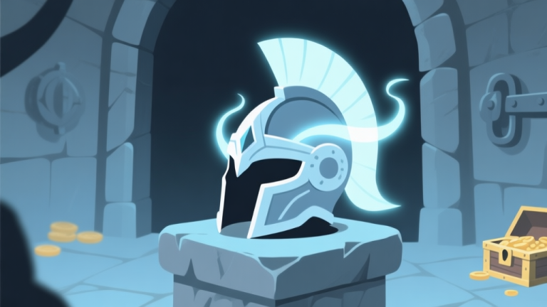 自动生成图片: A stylized, minimalist illustration of a fantasy helmet with ethereal energy trails, resting on a stone pedestal in a dimly lit treasure vault, soft blue and grey color palette high quality illustration, detailed, 16:9