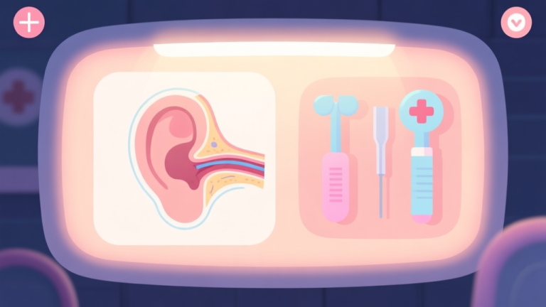 自动生成图片: A cozy, softly lit game interface of a medical simulation, showing a stylized ear anatomy diagram on one side and gentle, pastel-colored medical tools on the other, flat design style high quality illustration, detailed, 16:9