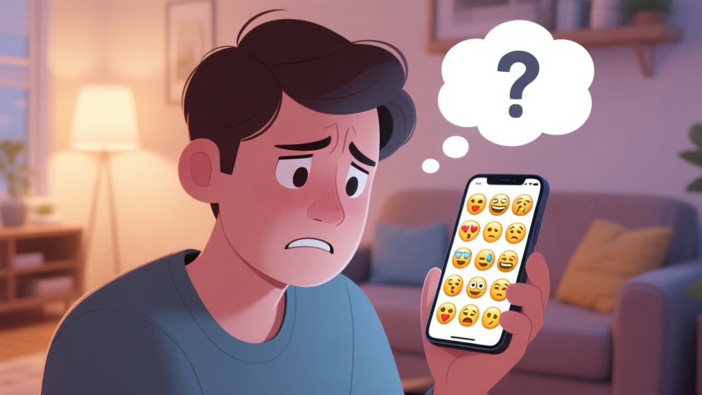 A person looking frustrated at a smartphone screen filled with puzzling emoji sequences, with a thought bubble showing confused question marks, in a cozy home setting, soft lighting high quality illustration, detailed, 16:9