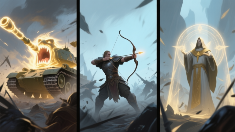 自动生成图片: A chaotic fantasy battle scene split into three distinct sections, one showing a glowing warrior tanking a massive roar, another showing an archer taking precise aim from a distance, and a third showing a cleric casting a protective barrier, all in a muted color palette with soft blues, greys, and golds high quality illustration, detailed, 16:9