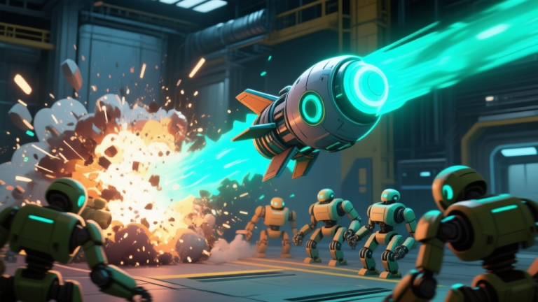 自动生成图片: A dynamic, stylized video game screenshot showing a glowing, mechanical rocket with a distinctive blue-green (blumgi) trail mid-flight, impacting a group of enemy robots in a sci-fi factory setting, particle effects exploding, digital art style high quality illustration, detailed, 16:9
