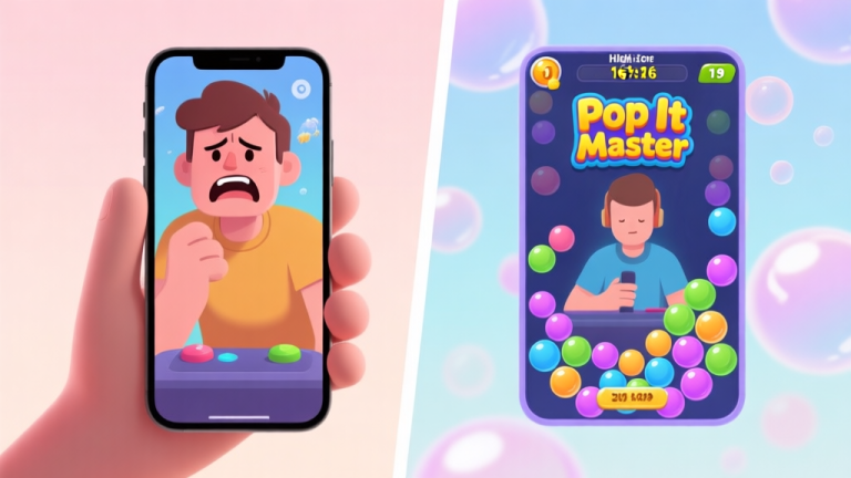 自动生成图片: A split-screen image showing a frustrated player on a smartphone on the left, and a calm, focused player with a high score display on the right. The Pop It Master game interface is visible with complex bubble patterns. Soft pastel background. high quality illustration, detailed, 16:9