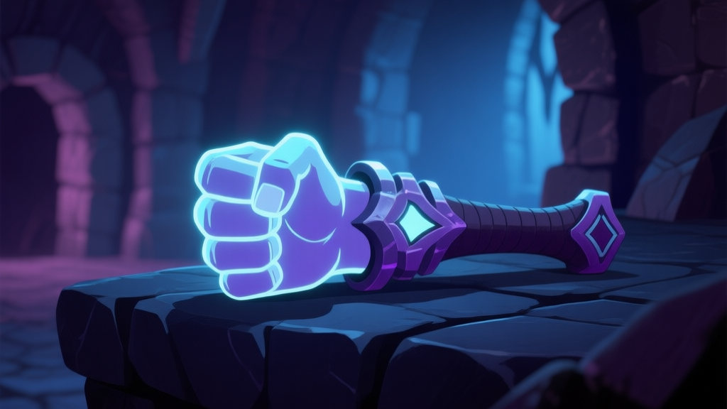 A stylized, close-up view of a unique fist weapon in a video game, glowing with a faint ethereal energy, resting on a dark stone surface in a dungeon-like environment, muted color palette with highlights of deep blue and purple high quality illustration, detailed, 16:9