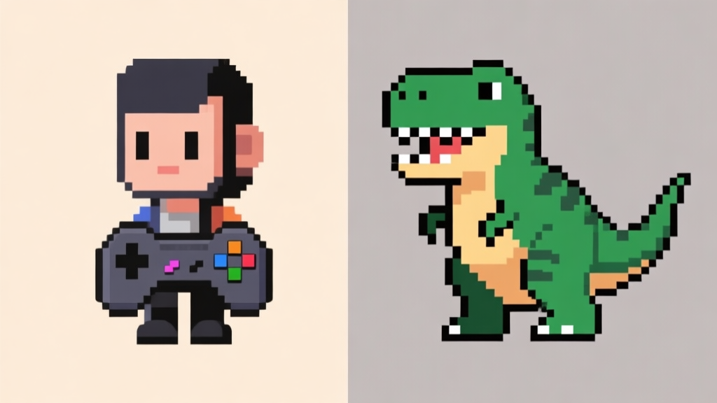 A side-by-side comparison of a modern, high-definition game character and its retro, pixelated version (Retro Rex), showcasing the stark visual contrast in a minimalist style with a soft beige and gray background high quality illustration, detailed, 16:9