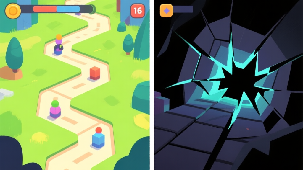 A split-screen illustration showing the intended game path on the left (bright, clear) and a hidden, glitchy alternative path on the right (shadowy, with broken geometry), symbolizing the concept of shadow tricks high quality illustration, detailed, 16:9