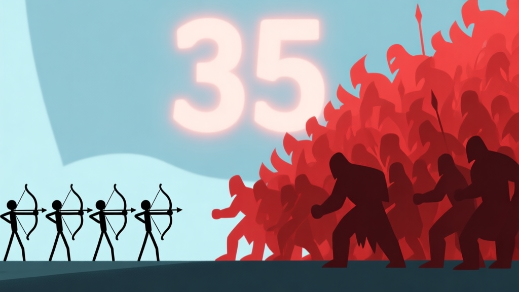 A minimalist game scene showing a defensive line of simple stickman archers on the left, facing a massive, dense wave of abstract red enemy silhouettes on the right, with a large number '35' glowing softly in the background. Soft color palette with muted blues and reds. high quality illustration, detailed, 16:9