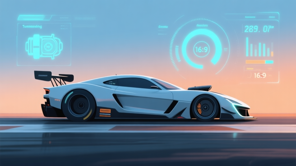 A sleek, minimalist side-view of a digital drag racing car on a starting line, with glowing tuning UI overlays showing engine and transmission stats, soft blue and orange gradient background high quality illustration, detailed, 16:9