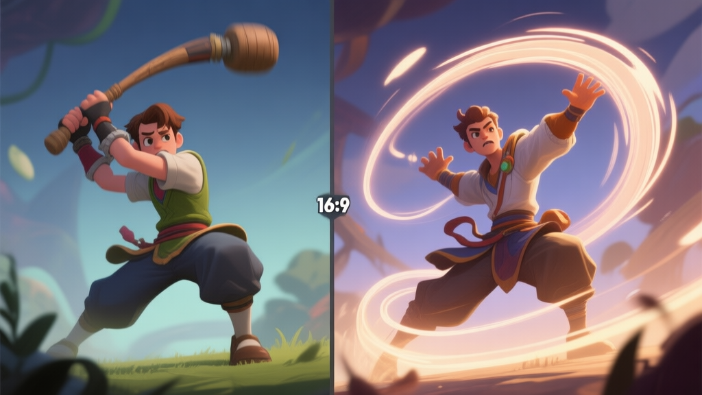 Side-by-side comparison of a game character swinging poorly (stiff, short arc) and masterfully (long, fluid arc with momentum trails), dynamic action game style, soft lighting, focused on motion lines high quality illustration, detailed, 16:9