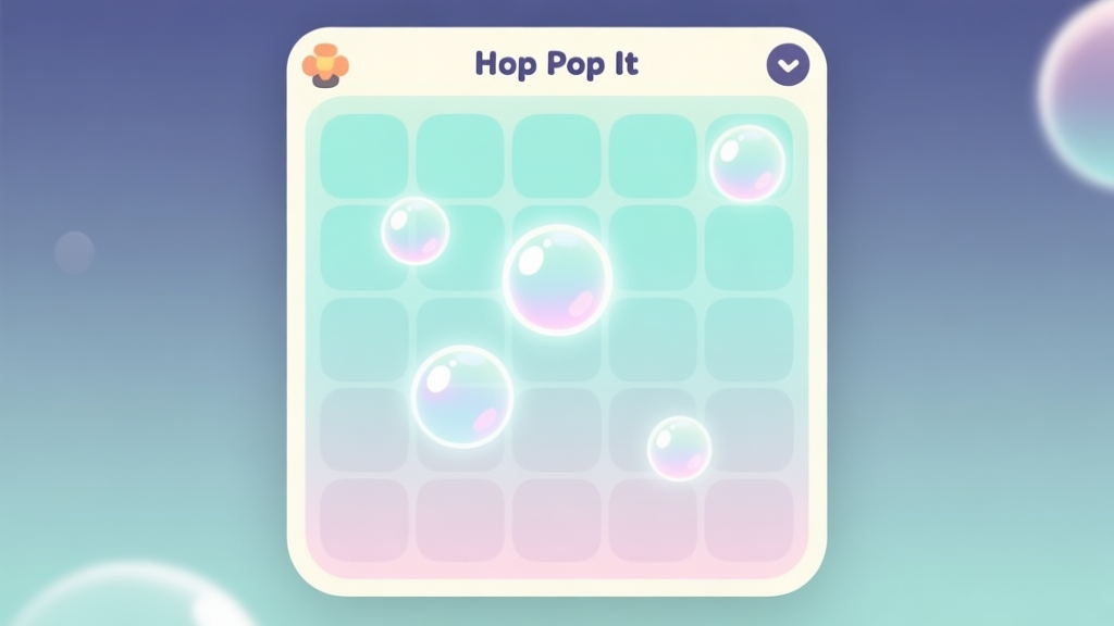 A minimalist, calming game interface of Hop Pop It showing a pastel-colored bubble grid with a few bubbles highlighted, soft glow effects, clean and modern flat design style high quality illustration, detailed, 16:9