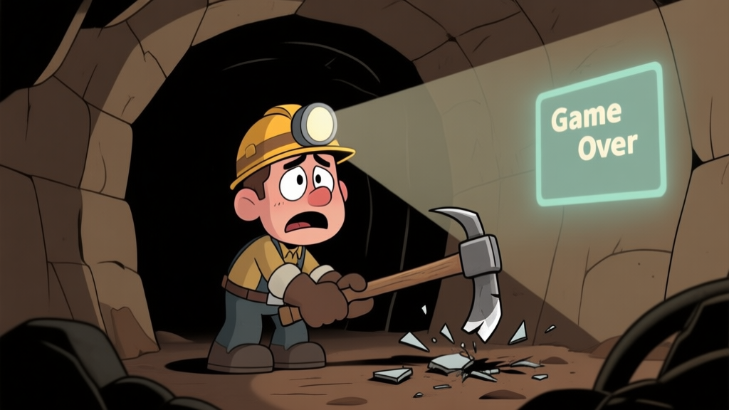 A desperate cartoon miner in a dark tunnel, looking at a broken pickaxe with a "Game Over" screen faintly visible in the background, muted earth tones and shadows high quality illustration, detailed, 16:9