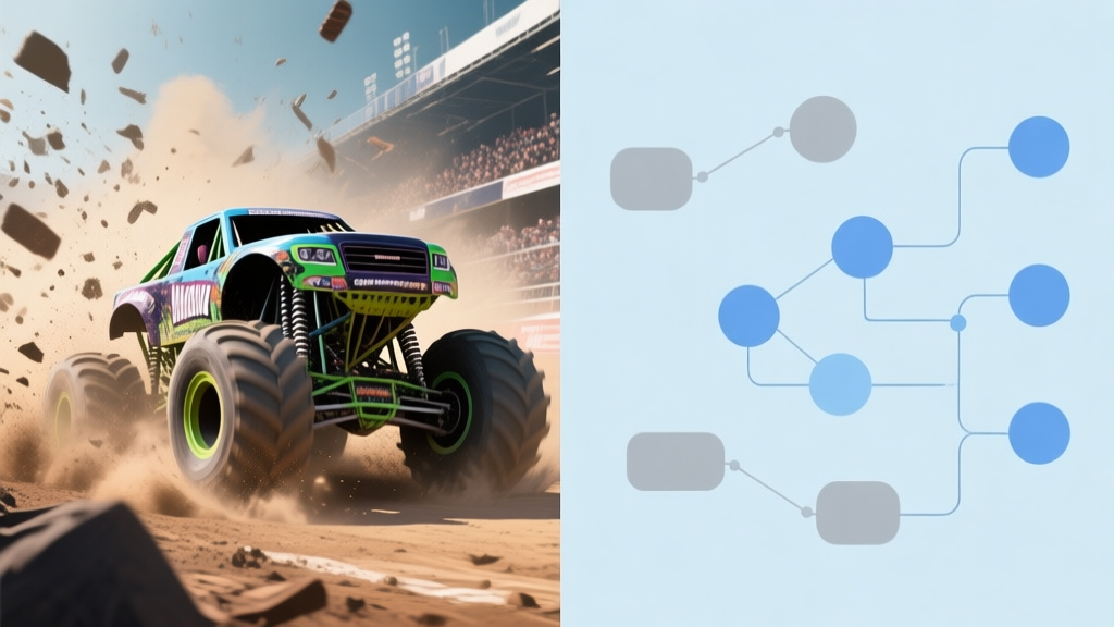 A split-screen image showing on one side a chaotic monster truck race with dust and action, and on the other side a clean, flowchart-like diagram of connected nodes and decision paths, in a soft blue and grey color scheme high quality illustration, detailed, 16:9