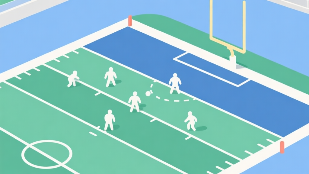 A top-down, minimalist diagram of an American football field near the end zone, showing strategic player positions as simple icons, with a soft blue and green color palette, flat design style high quality illustration, detailed, 16:9
