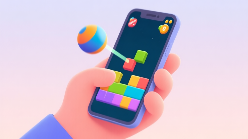 A frustrated hand holding a smartphone showing a colorful physics-based puzzle game with a bouncy projectile mid-air, soft pastel background, clean illustration style high quality illustration, detailed, 16:9