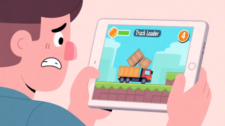 自动生成图片: A frustrated player looking at a tablet screen showing a Truck Loader 4 level with a toppled cargo, cartoon style, soft pastel colors, clean lines high quality illustration, detailed, 16:9