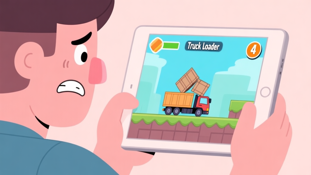 A frustrated player looking at a tablet screen showing a Truck Loader 4 level with a toppled cargo, cartoon style, soft pastel colors, clean lines high quality illustration, detailed, 16:9