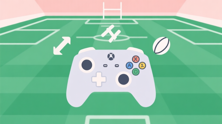 自动生成图片: A minimalist, clean video game controller overlay on a green rugby field, with simple icons for pass, tackle, and kick. Soft pastel colors, flat design style. high quality illustration, detailed, 16:9