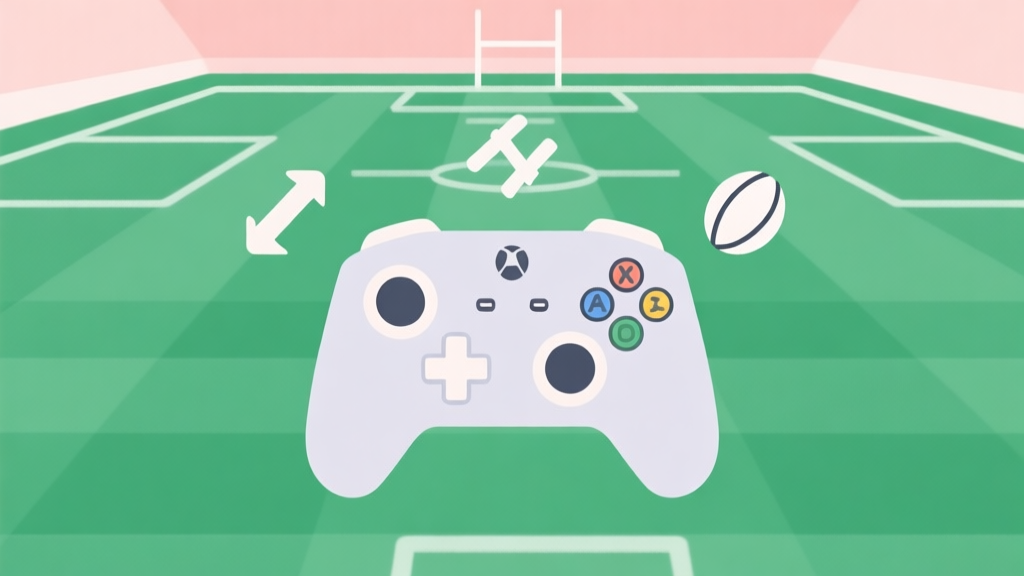 A minimalist, clean video game controller overlay on a green rugby field, with simple icons for pass, tackle, and kick. Soft pastel colors, flat design style. high quality illustration, detailed, 16:9