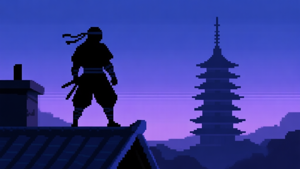 A silhouette of a ninja character standing on a pixel-art rooftop at dusk, looking at a distant pagoda, simple clean lines, dark blue and purple color palette high quality illustration, detailed, 16:9