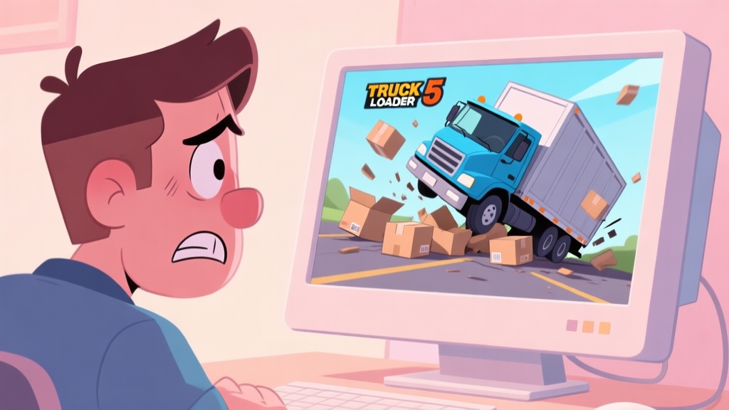 A frustrated player looking at a computer screen showing a tilted truck in Truck Loader 5, with boxes falling out, in a soft pastel color palette, cartoon style high quality illustration, detailed, 16:9