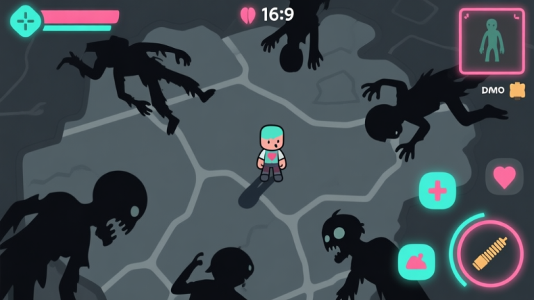 自动生成图片: A top-down minimalist view of a video game character surrounded by abstract zombie silhouettes on a dark grey map, with clear UI elements showing health and ammo in a corner, soft neon accents, flat design style high quality illustration, detailed, 16:9