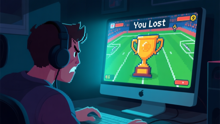 自动生成图片: A frustrated gamer looking at a computer screen showing a "You Lost" message in a pixelated football game, with a virtual trophy just out of reach, in a dark room with soft monitor glow high quality illustration, detailed, 16:9