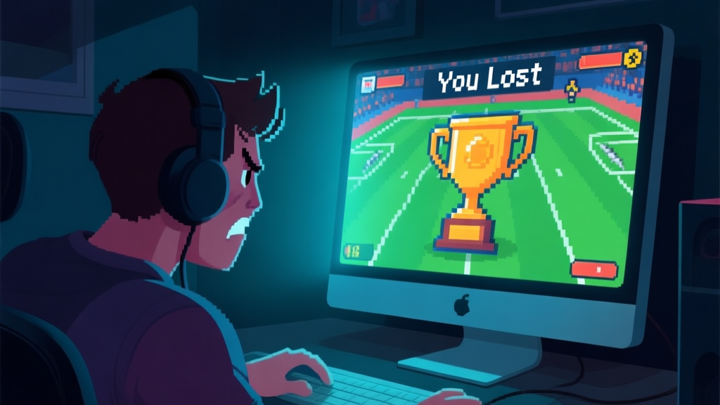 A frustrated gamer looking at a computer screen showing a "You Lost" message in a pixelated football game, with a virtual trophy just out of reach, in a dark room with soft monitor glow high quality illustration, detailed, 16:9