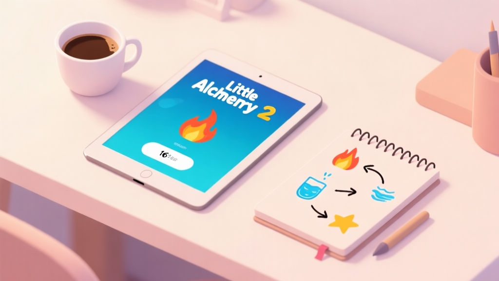 A cozy, minimalist desk scene with a tablet showing the Little Alchemy 2 interface, a cup of coffee, and a notebook with hand-drawn arrows connecting elements like fire, water, and star, soft pastel color palette high quality illustration, detailed, 16:9