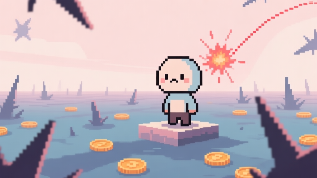 A cute, minimalist pixel art character standing on a small platform in a vast, abstract space filled with spikes and coins, looking confused, with a failed explosion trajectory sketched behind it in a light red dashed line. Soft pastel color palette. high quality illustration, detailed, 16:9