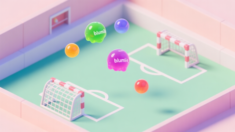 自动生成图片: A vibrant, minimalist game scene showing a simple arena with two goals and colorful, gelatinous balls (blumgis) in mid-air, soft pastel color palette, clean lines, isometric view high quality illustration, detailed, 16:9