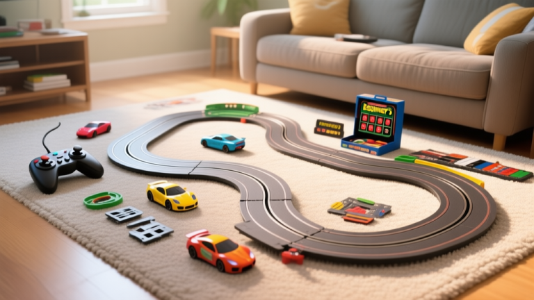自动生成图片: A detailed, inviting photo of a beginner's slot car set laid out on a living room carpet, showing the track pieces, controller, and a few colorful cars, with soft natural lighting high quality illustration, detailed, 16:9