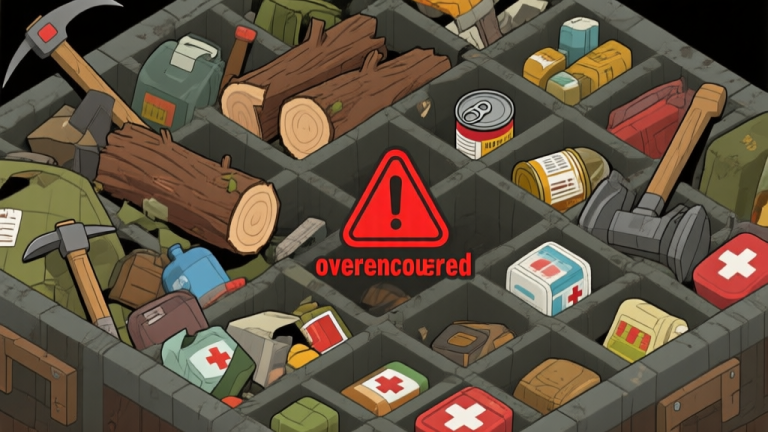 自动生成图片: A chaotic isometric view of a survival game inventory screen overflowing with mismatched items like logs, canned food, a crowbar, and medical supplies, with a red 'overencumbered' warning icon prominently displayed, in a muted, gritty color palette high quality illustration, detailed, 16:9