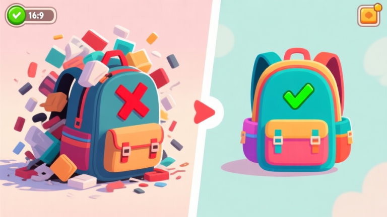 自动生成图片: A split-screen illustration showing a chaotic, overflowing backpack on one side with red "X" marks, and a neatly organized, color-coded backpack on the other side with green checkmarks, in a soft pastel game UI style high quality illustration, detailed, 16:9