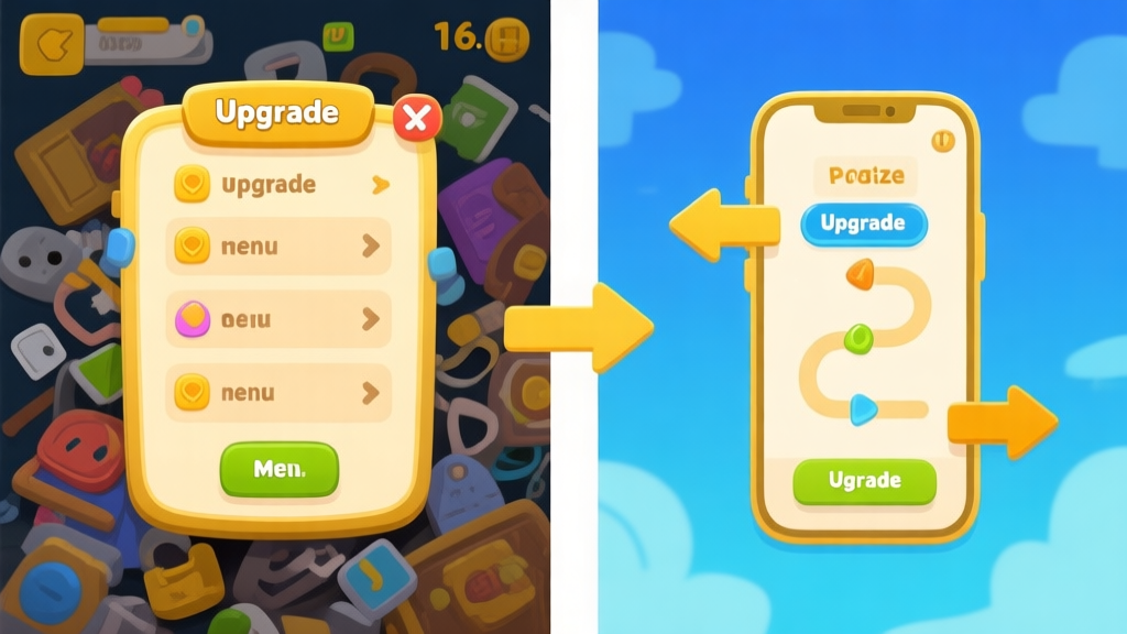 A split-screen illustration showing a cluttered, confusing upgrade menu on one side and a clean, prioritized upgrade path with highlighted arrows on the other, in a friendly mobile game art style with gold and blue accents high quality illustration, detailed, 16:9