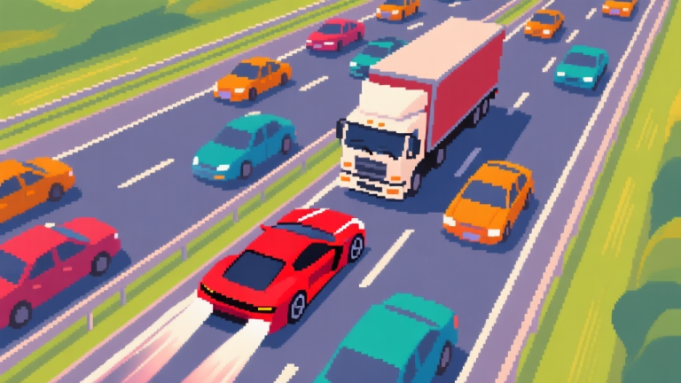 自动生成图片: A dynamic top-down view of a pixel-art highway with multiple lanes, cars weaving through traffic, and a sleek red player car narrowly dodging a truck, vibrant colors with a sense of speed high quality illustration, detailed, 16:9