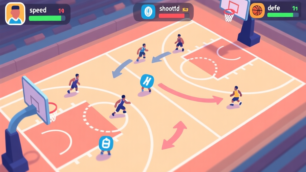 A dynamic, top-down view of a basketball court in a mobile game style, showing player icons with different stats (speed, shooting, defense) moving in coordinated offensive and defensive formations, with subtle arrows indicating tactical flow, soft color palette high quality illustration, detailed, 16:9