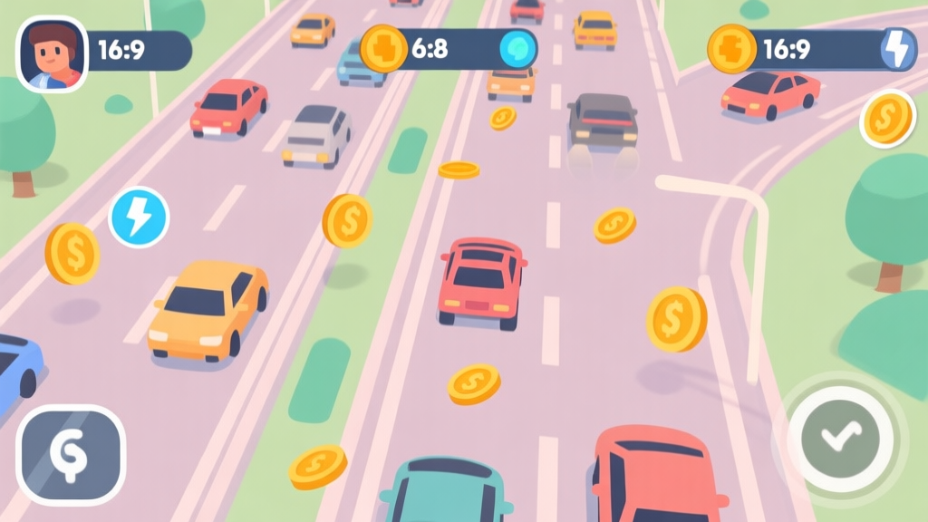 Top-down view of a busy highway in a mobile game, with a player's car weaving through traffic, coins and boost icons scattered along the lanes, soft pastel colors, clean vector illustration high quality illustration, detailed, 16:9