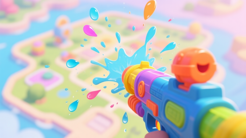 A cheerful, slightly messy first-person view from a water gun, with colorful water droplets splashing against a blurred background of a vibrant game map, soft pastel colors high quality illustration, detailed, 16:9
