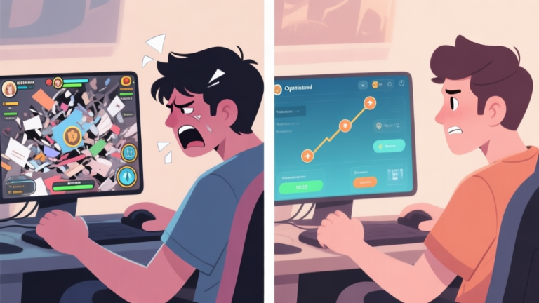 自动生成图片: A split-screen illustration showing a frustrated player on the left with a messy game screen, and a confident player on the right with a clear, optimized UI and progression path highlighted. Soft gaming aesthetic, muted colors. high quality illustration, detailed, 16:9